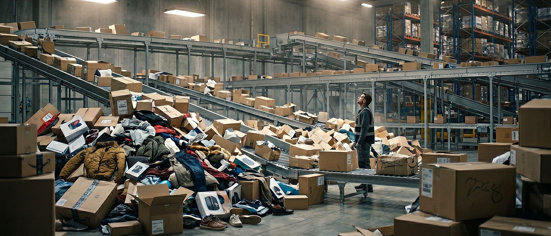 Cardboard boxes and packages stacked on shelves in a warehouse distribution center environment